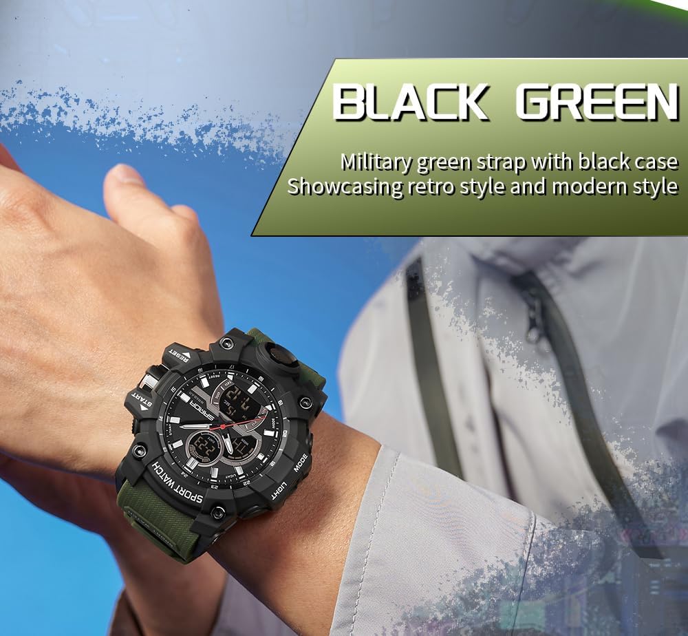 FANMIS Men Sports Outdoor Watch Analog Digital Multifunctional Black Watch | Black Sports Watch Casual Quartz Wristwatch Waterproof Military Wrist Watch Tactics LED Alarm Stopwatch Digital Watch for Men
