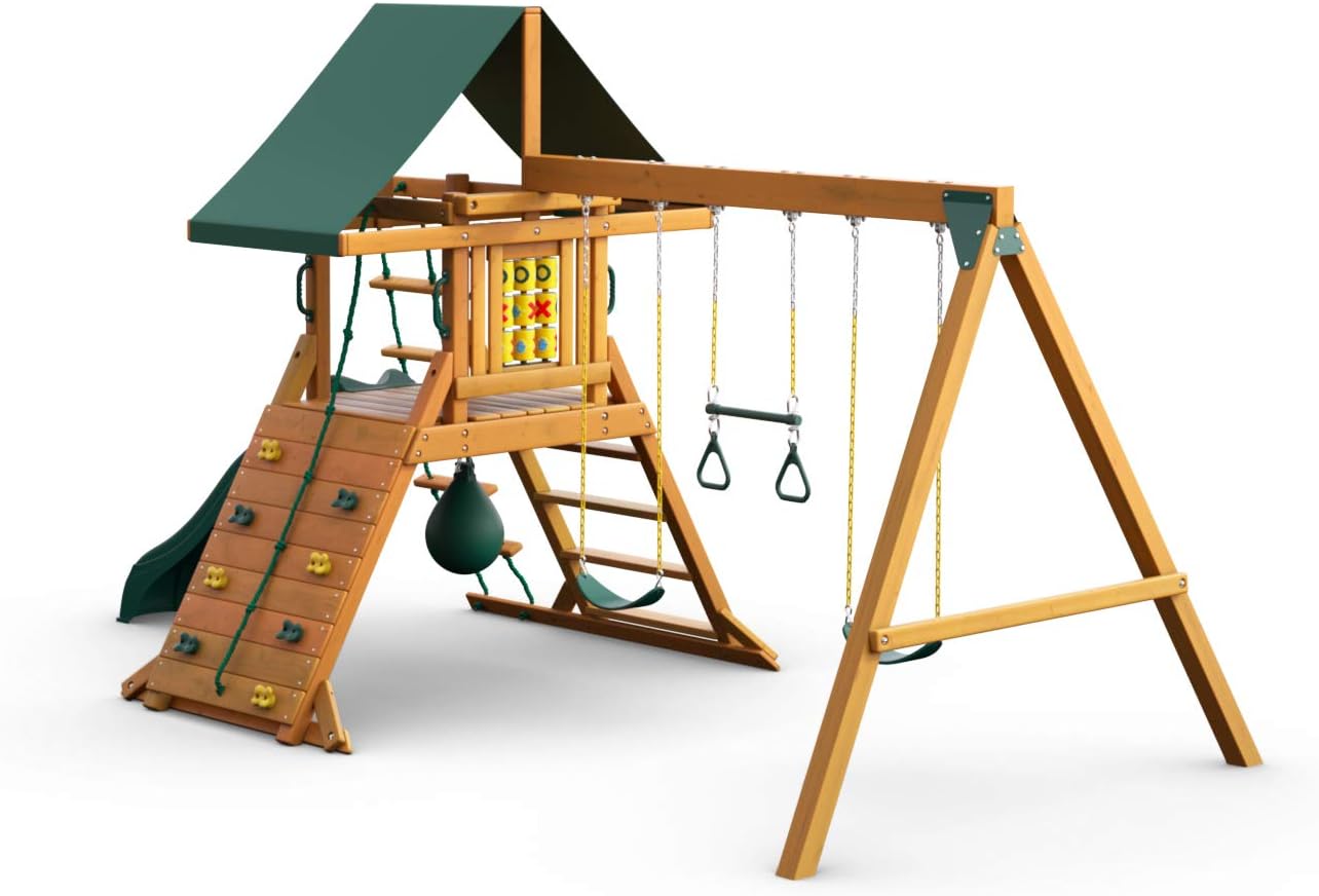 Gorilla Playsets 01-1059-AP High Point Wood Swing Set with Green Vinyl Canopy, Two Swings, Rock Climbing Wall, Slide, Amber