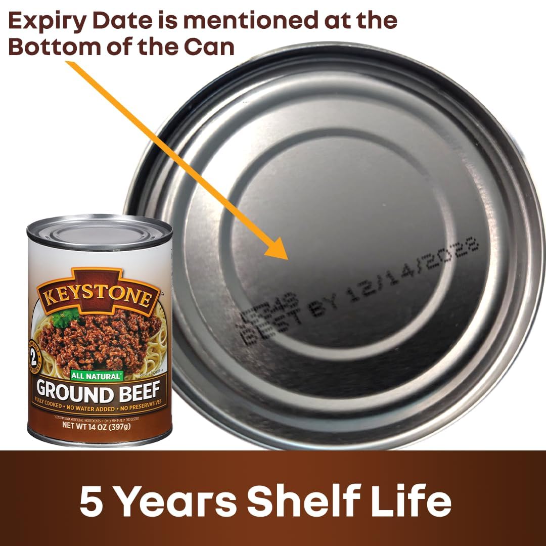Keystone Meats All Natural Heat and Serve Ground Beef 14 Oz Fully Cooked Canned Meat Shelf Stable Emergency Survival Canned Food Ready to Eat No Preservatives Gluten Free Made in USA Pack of 2