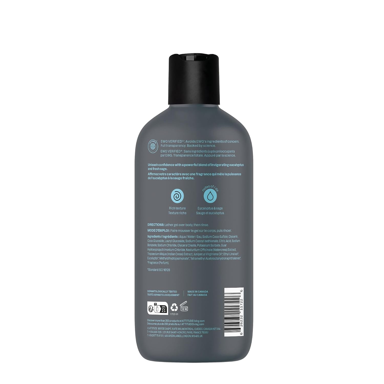 ATTITUDE Body Wash, EWG Verified Shower Gel, Dermatologically Tested, Plant and Mineral-Based, Vegan Personal Care Products, Earl Grey & Fresh Cucumber, 16 Fl Oz