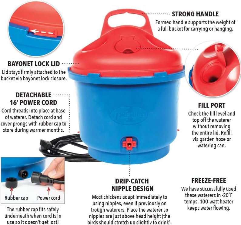 Premier 1 All-Season Heated Poultry Waterer for Chickens & Ducks – 3 Gallon | 100W thermostat keeps water unfrozen to -20°F. Quick-fill cap