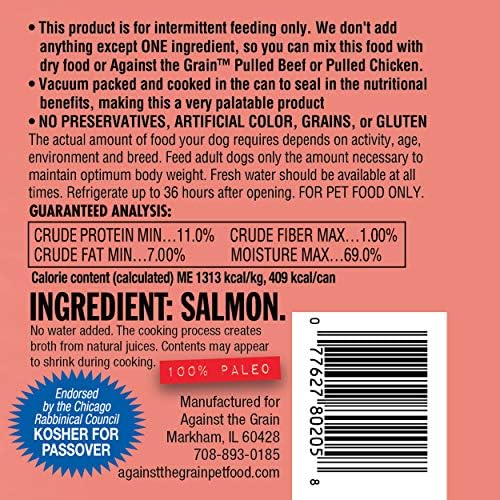 Against The Grain Nothing Else! 100% Salmon Dog Food – 12 Count, 11 oz Each – Single-Ingredient Meatball Texture in Natural Broth – Wet Dog Food – Grain & Gluten Free