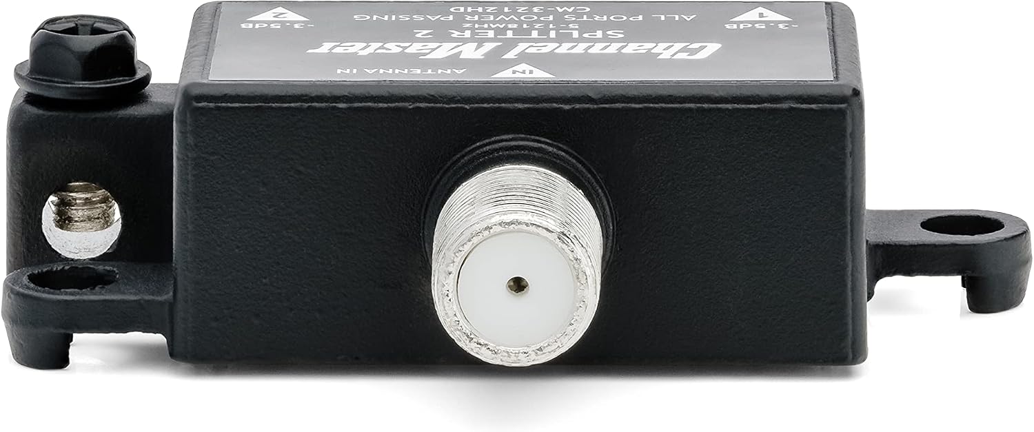 Channel Master Splitter 2 | 2-Way Splitter Distributes Digital HDTV Antenna Signal to 2 TVs, One Input and Two Outputs, Power Passing for Preamplifiers and Boosters, Low-Loss Design, Indoor/Outdoor