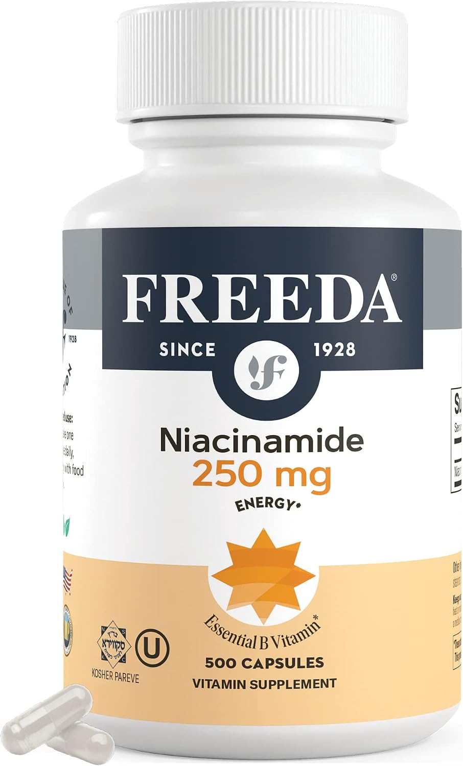 FREEDA 250mg Niacinamide & Vitamin B3 Supplement - 500 Capsules | Vegetarian Niacinamide Supplement with No-Flush Formula - Supporting Skin Health &