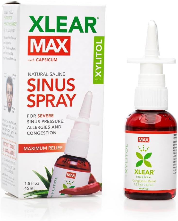 Xlear Max Natural Nasal Spray with Xylitol, 1.5 fl oz (Pack of 4) | Strong Formula with Capsicum and Aloe Vera for Servere Sinus Pressure Relief, Nasal Decongestant, Headache, Dry Nose