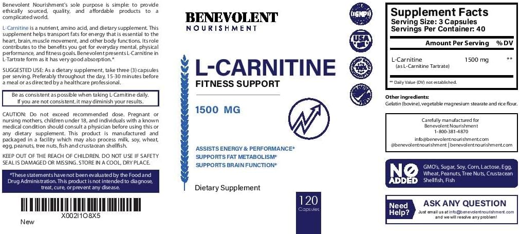 Benevolent L Carnitine Supplement - High Potency 1500mg – 120 Capsules