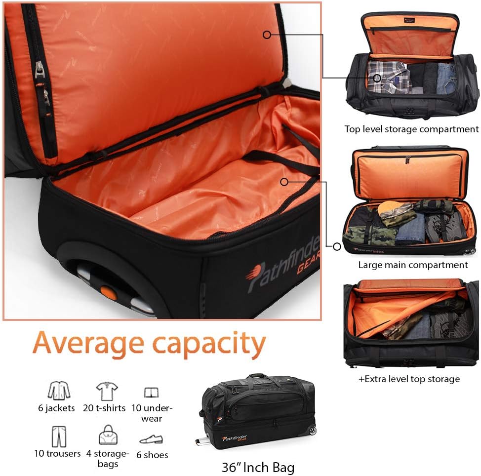 Pathfinder Gear 36 Inch Rolling Drop Bottom Duffel, Black, One Size