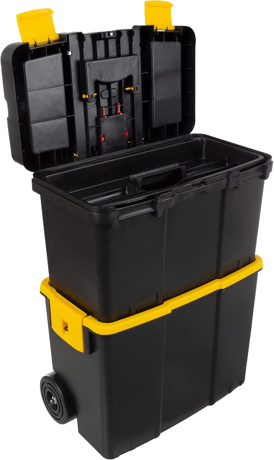 Portable Tool Box on Wheels - Stackable 3-in-1 Chest for Workshops and Craft Rooms - Foldable Comfort Handle and Latches by Stalwart (Black/Yellow)