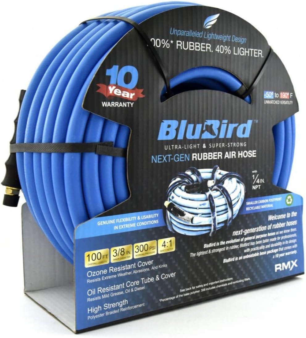 BLUBIRD BB3850 3/8" x 50' Rubber Air Hose, 100% Rubber, Lightest, Strongest, Most Flexible, 300 PSI, 50F to 190F Degrees, Ozone Resistant, High Strength Polyester Braided | High-Performance Pneumatic Hose for Automotive Construction & Industrial, Durable…