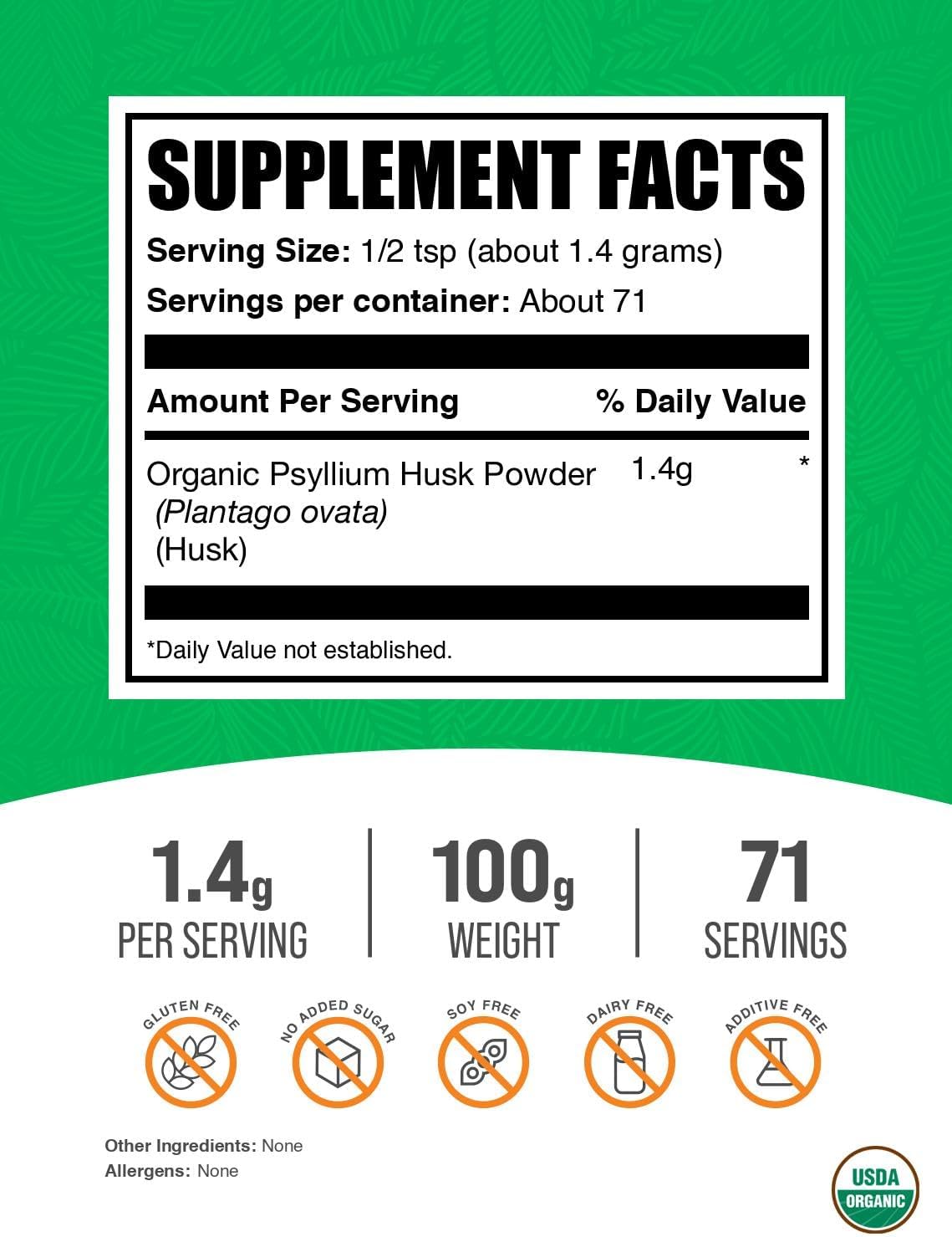 BulkSupplements.com Organic Psyllium Husk Powder - Psyllium Husk Powder for Baking, Fiber Supplement - Gluten Free, 1.4g per Serving, 1kg (2.2 lbs) (Pack of 1)