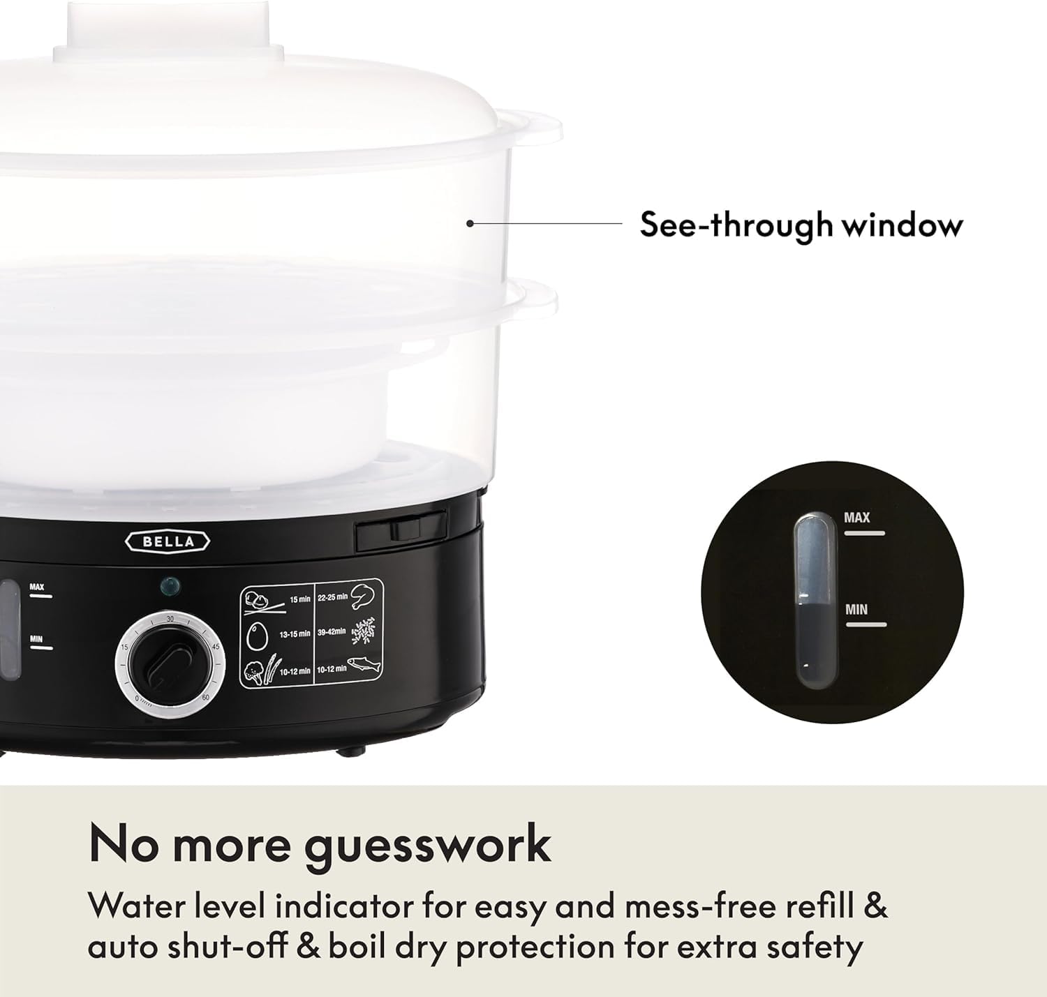 BELLA Two Tier Food Steamer with Stackable Baskets & Removable Base for Fast Simultaneous Cooking - Auto Shutoff & Boil Dry Protection, 7.4 QT, Black