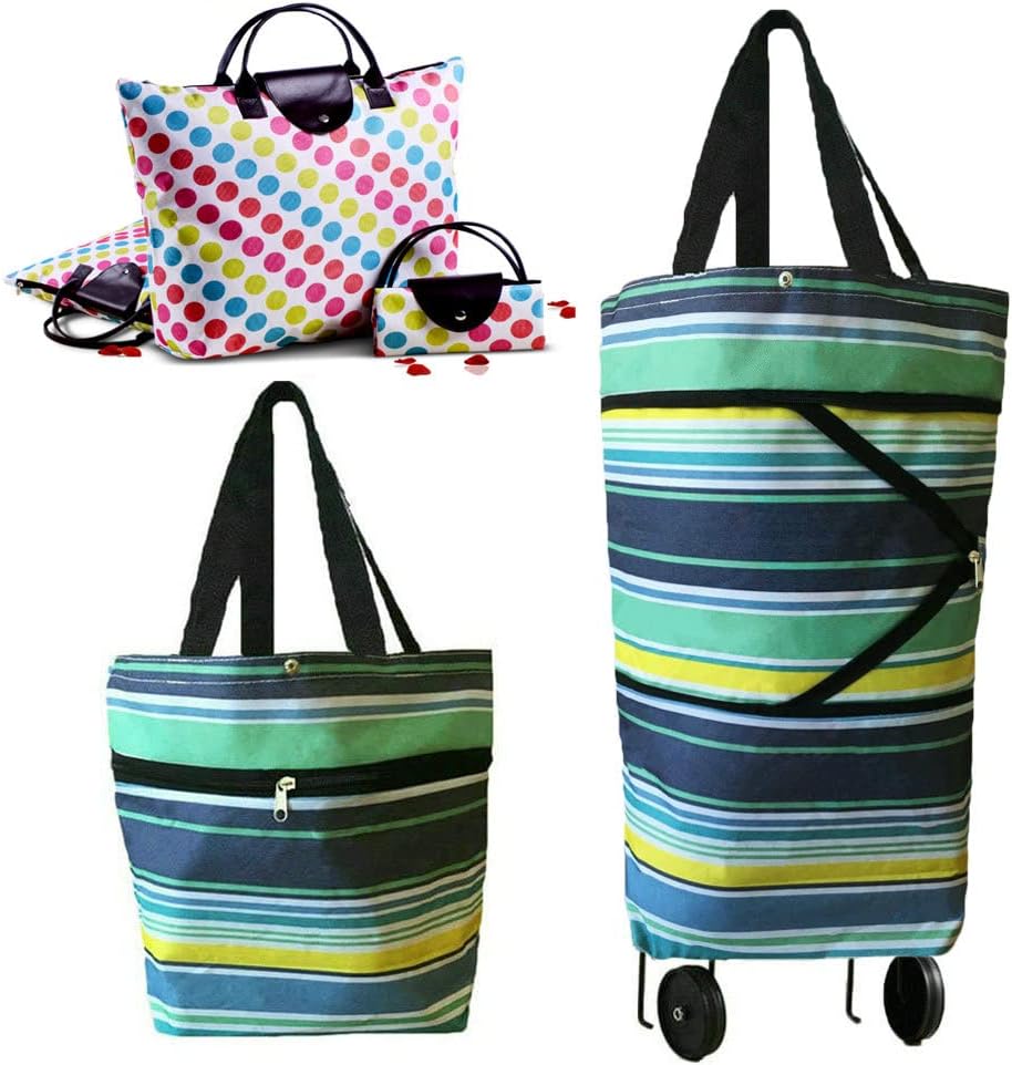 Collapsible Shopping Bag with Wheels Portable Shopping Cart with 360° Swivel Wheels Rolling Tote Bag Reusable Grocery Bag Trolley Bag on Wheels for Travel Shopping and Daily Use(Blue)