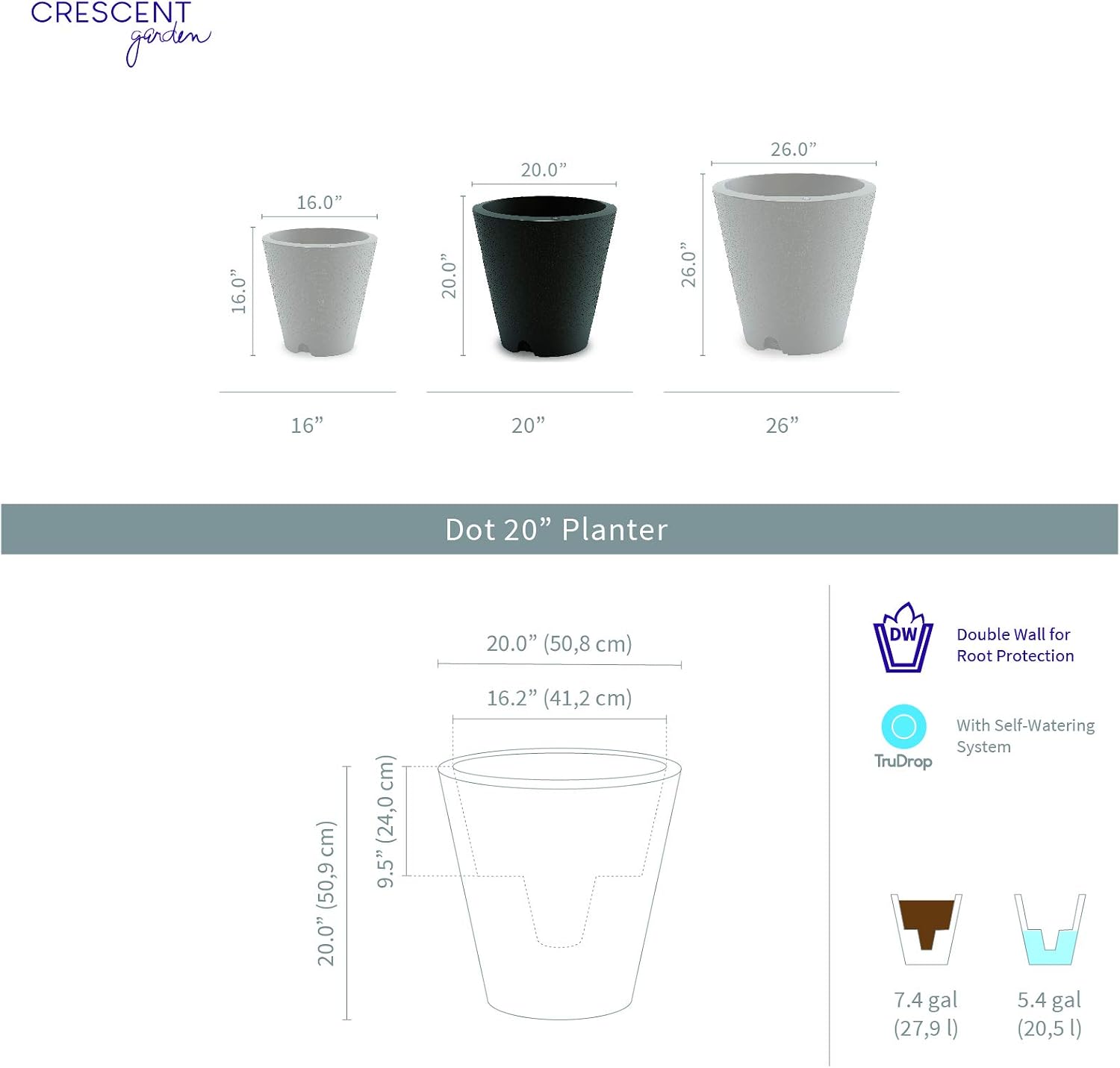 Crescent Garden Dot TruDrop Indoor/Outdoor Planter, Self-Watering Plant Pot, 20 Inches, (Mocha)