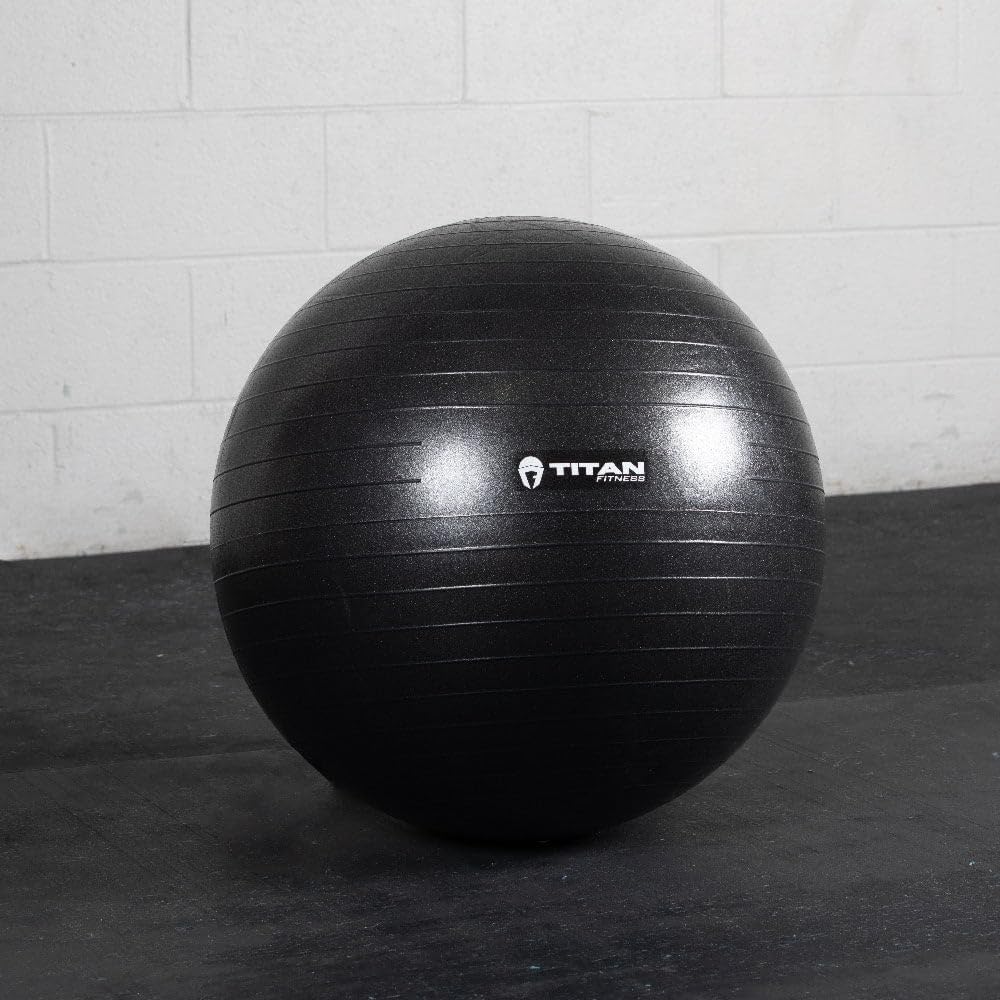Titan Fitness 65cm Black Exercise Stability Ball, 25.6" Diameter Inflatable Yoga Ball for Home Gym Workouts, Resistance Exercises