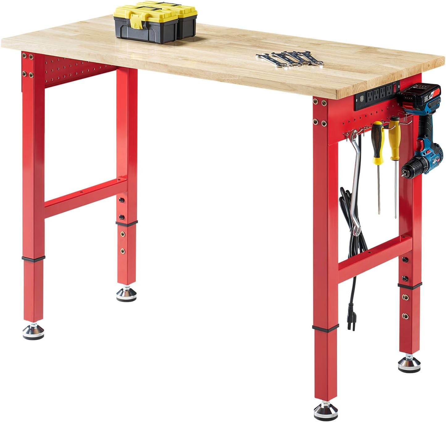 Albott 44 x 20-Inch Adjustable Workbench | 2000 Lbs Capacity, Solid Rubber Wood Top, Power Outlets and Hooks, for Garage, Workshop and Home Office, Black