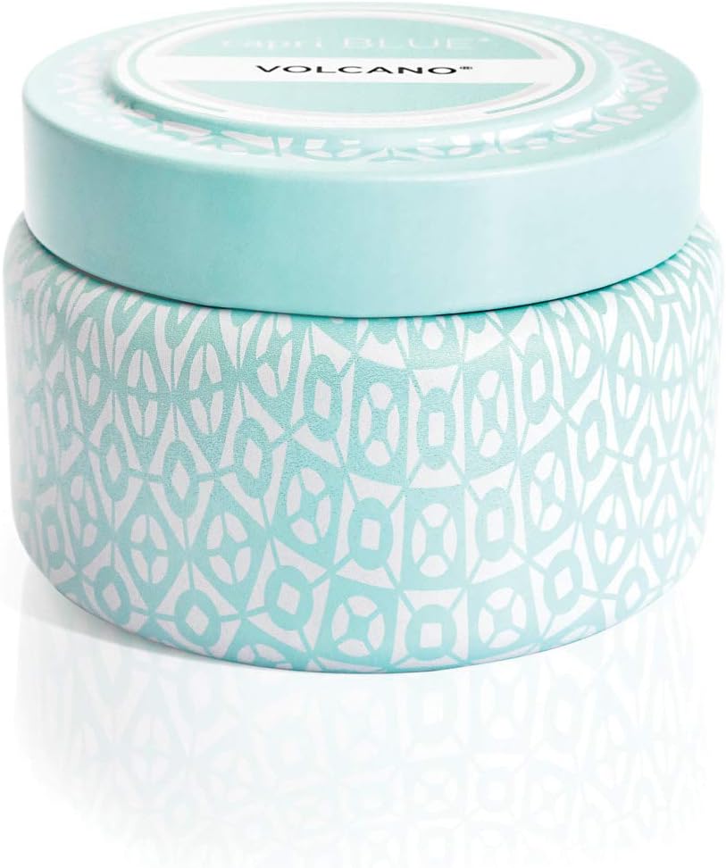 Capri Blue Volcano Printed Travel Tin Jar Candle - Luxury Candle with a Long Lasting Soy Wax Blend - Scented with Tropical & Fruity Fragrance (Blue Color, 8.5 oz)