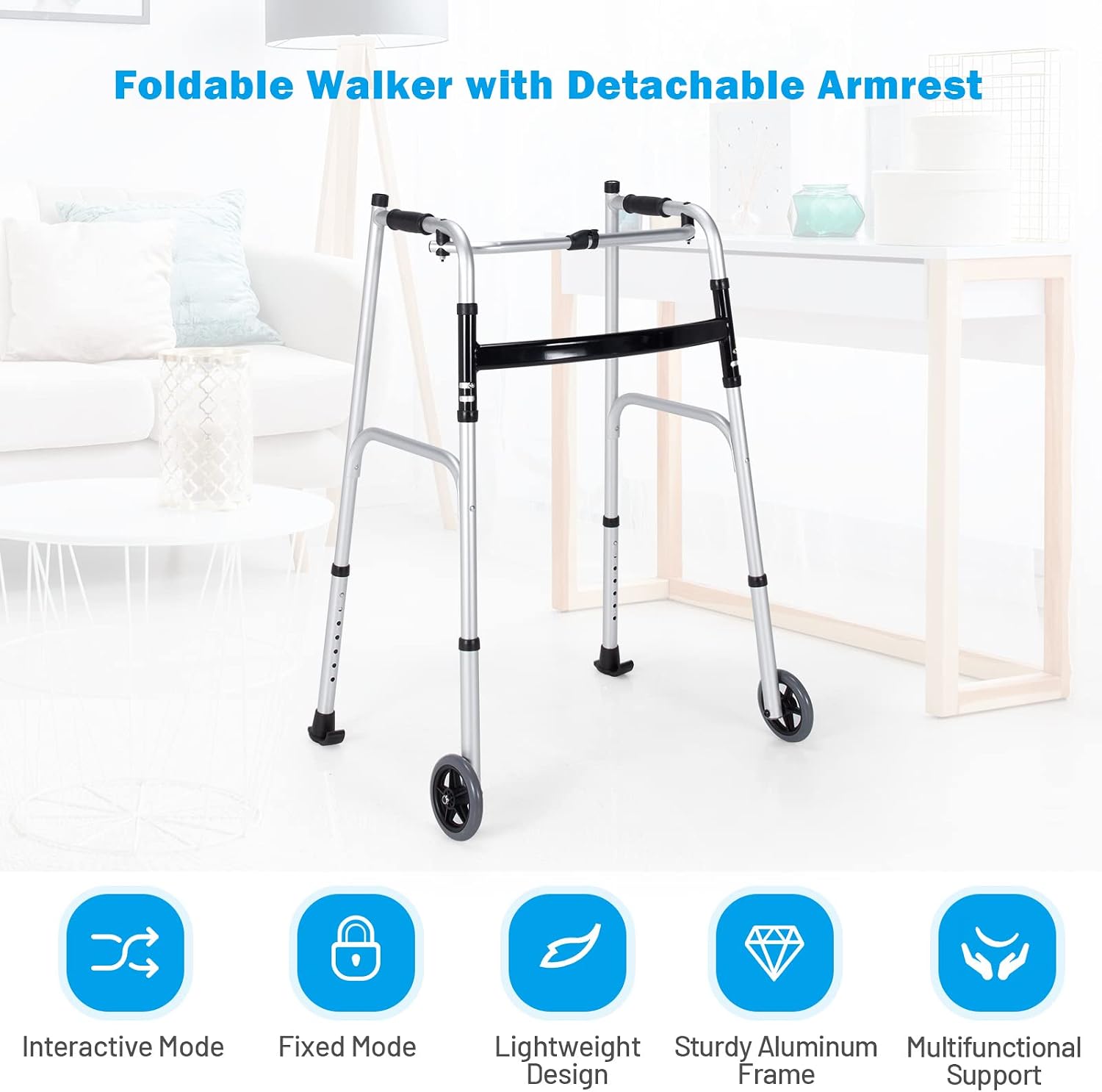 Goplus Walkers for Seniors, Foldable Standard Walker with 5’’ Wheels and Removable Padded Armrests 220lbs, Lightweight Walking Mobility Aid