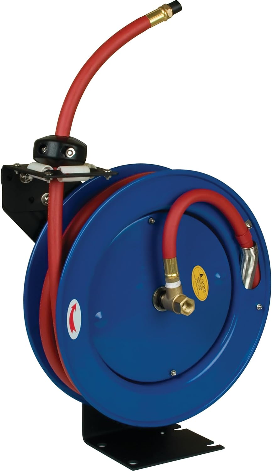Performance Tool M635 50 ft. 18-Gauge Steel Air Hose Reel | Durable powder coated finish. Holds up to 50-ft of 3/8-in compressor hose (not included). 3/8-in female NPT swivel. Reel only