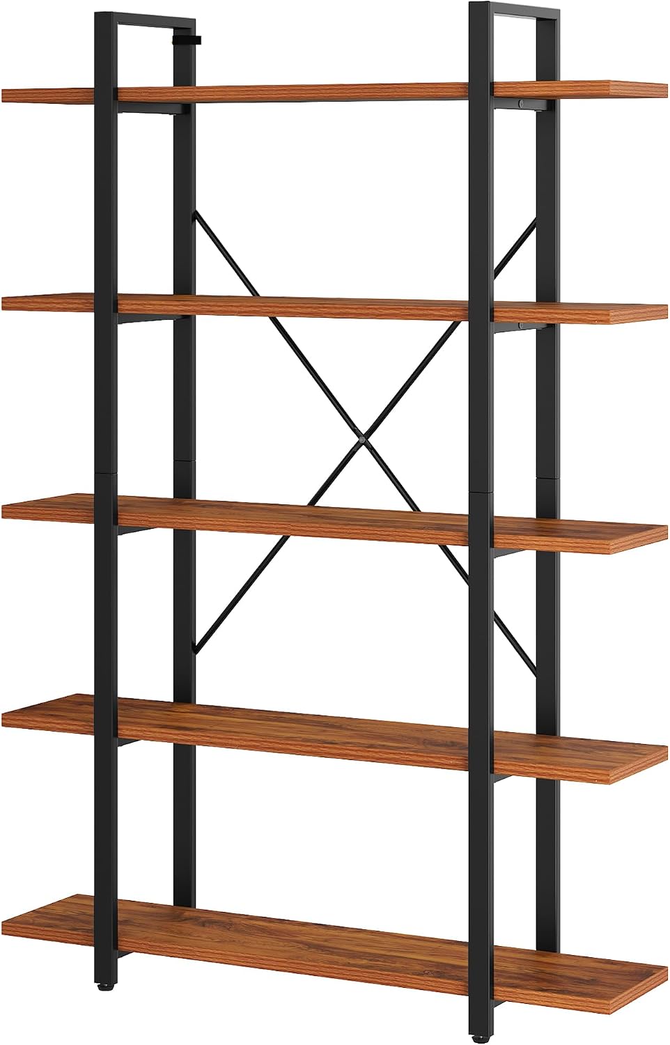BATHWA Wood and Metal Minimalist 5 Tier Bookshelf, 6 feet Tall Open Rustic Wide Bookcase Industrial Style