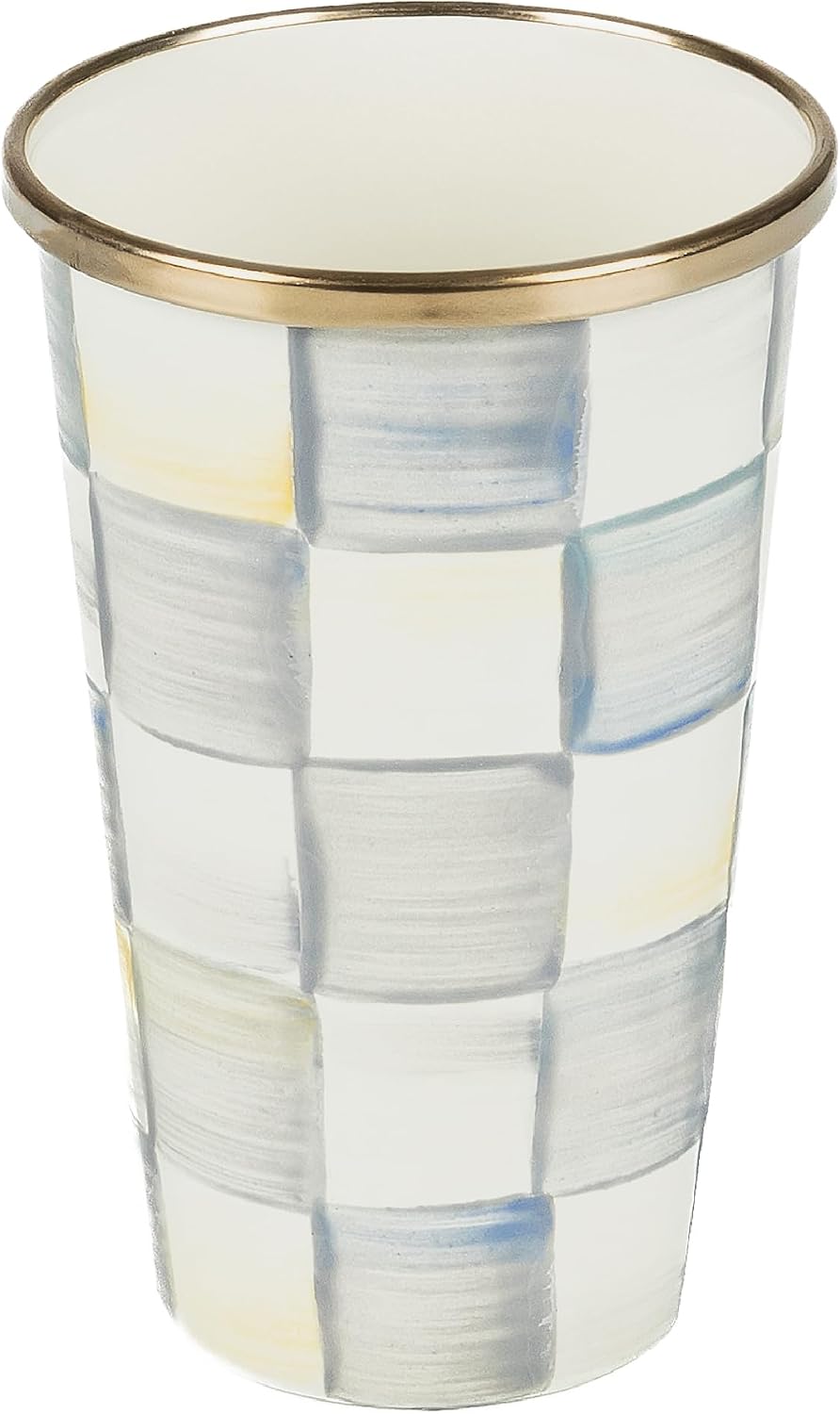 MACKENZIE-CHILDS Enamel Tumbler, Black-and-White Courtly Check | Hand-painted design, elegant drinkware with gold rim, 2.75" dia. x 4.5" H, 10-ounce capacity