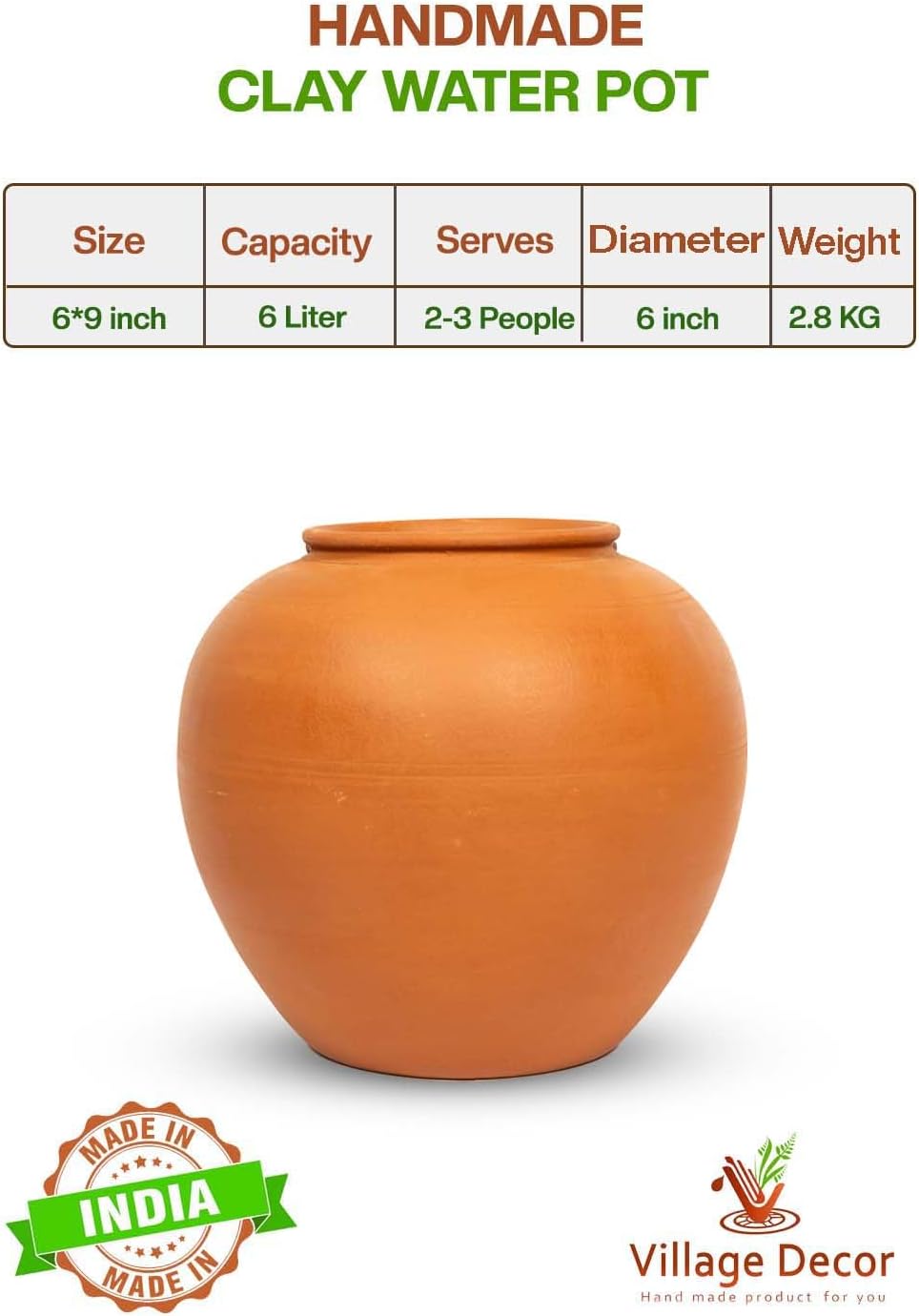 Village Decor Terracotta Water pot With Lid & Glass |Preseasoned Terracotta Mud(Capacity 6000 ml / 202 oz)