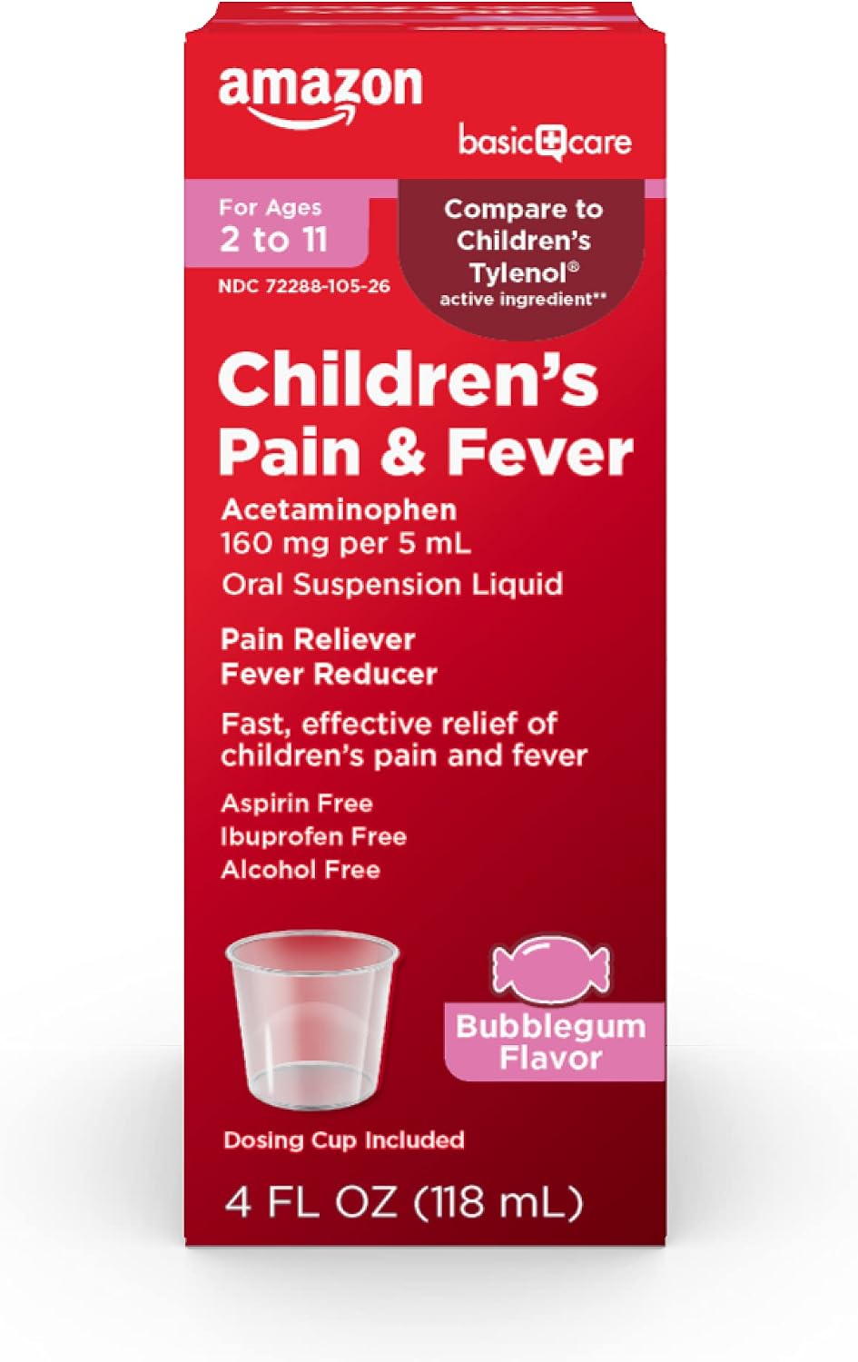 Amazon Basic Care Children's Acetaminophen 160 mg per 5 mL Oral Suspension, Grape Flavor, Pain Reliever and Fever Reducer, 4 fl oz