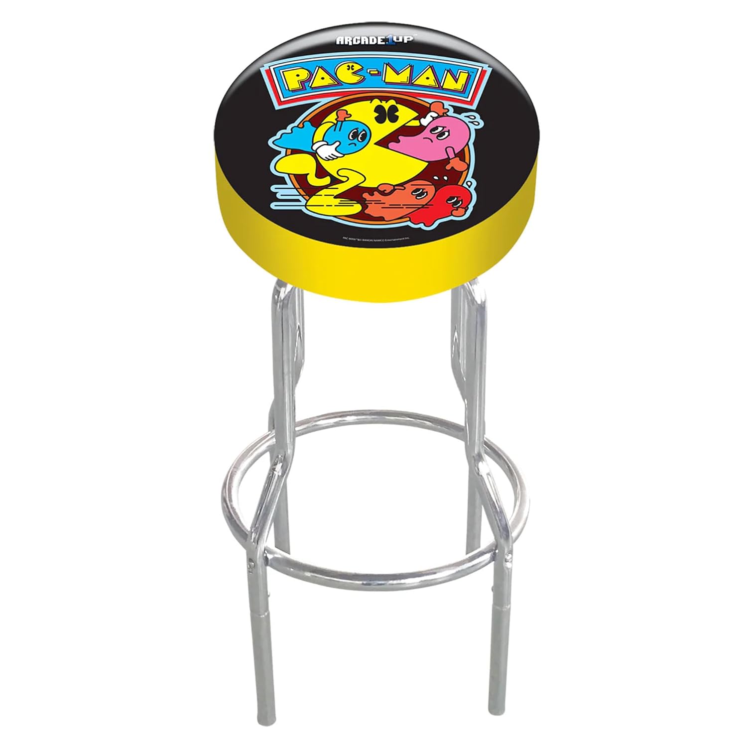Arcade1Up Adjustable Padded Arcade Game Stool, Steel Frame, Pac-Man, 21.5" to 29.5"- with Leg Extenders, Padded Seat, and Chrome Steel Finish for Home