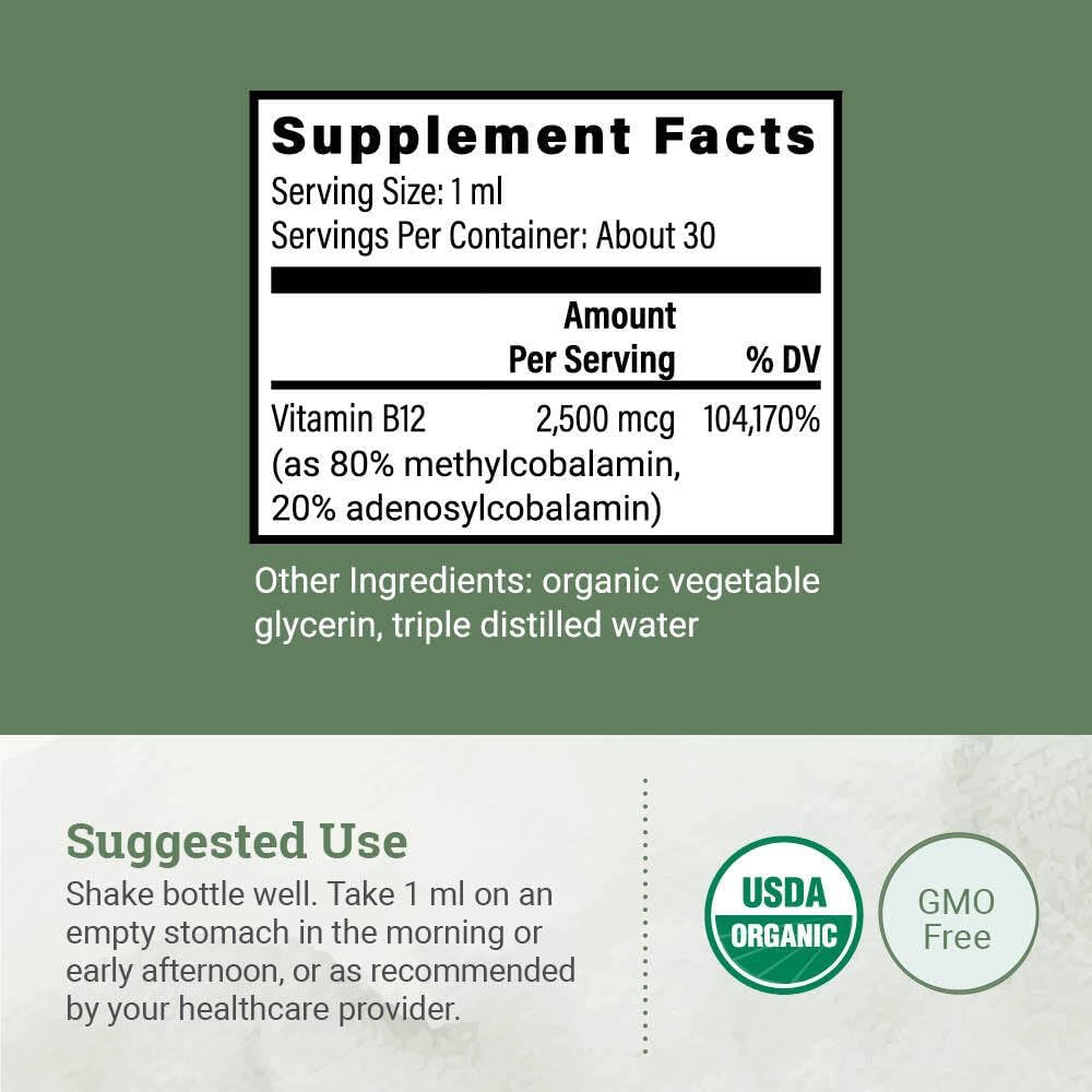 Earth Harmony Naturals Organic Vegan Vitamin B12 Sublingual Liquid Supplement - 2500mcg Methylcobalamin Drops for Natural Energy, Metabolism Health and Immune System Support - 1 Fl Oz