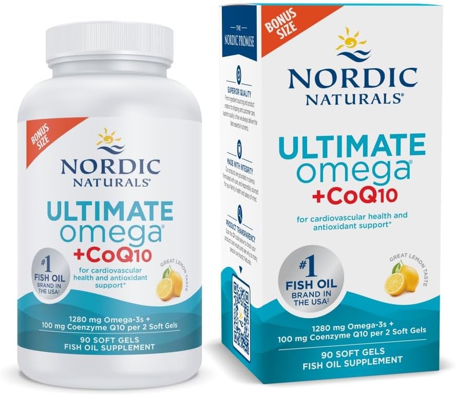 Nordic Naturals Ultimate Omega + CoQ10, Lemon - 60 Soft Gels - 1280 mg Omega-3 + 100 mg CoQ10 - Heart Health, Cellular Energy, Antioxidant Support - Non-GMO - 30 Servings