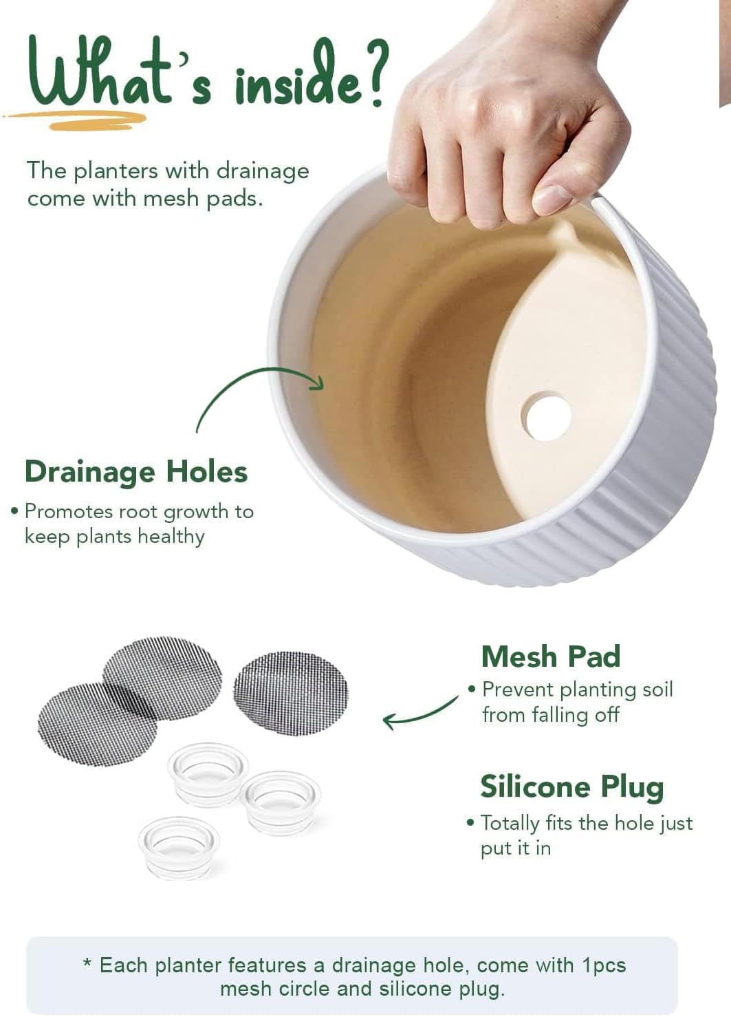 LE TAUCI Ceramic Plant Pots with Drainage Holes, Set of 3, 8+6.7+5.5 Inch Stripe Garden Planter Pots for Outdoor Indoor Plants Flower
