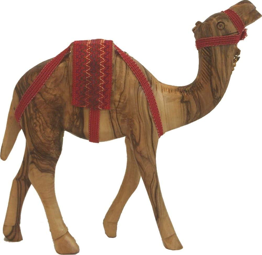 Holy Land Market Olive Wood Nativity Camel Figurine with Red Saddle & Chain, 11 in Dia, 8 in High