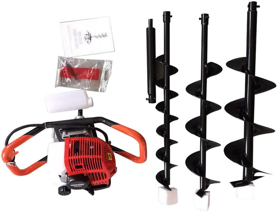 52CC Auger Post Hole Digger 2-Stroke Gas Powered Earth Auger Digger 1700W Gasoline Garden Fence Plant Soil Digging Tool with 3pcs Drill Bit Set and