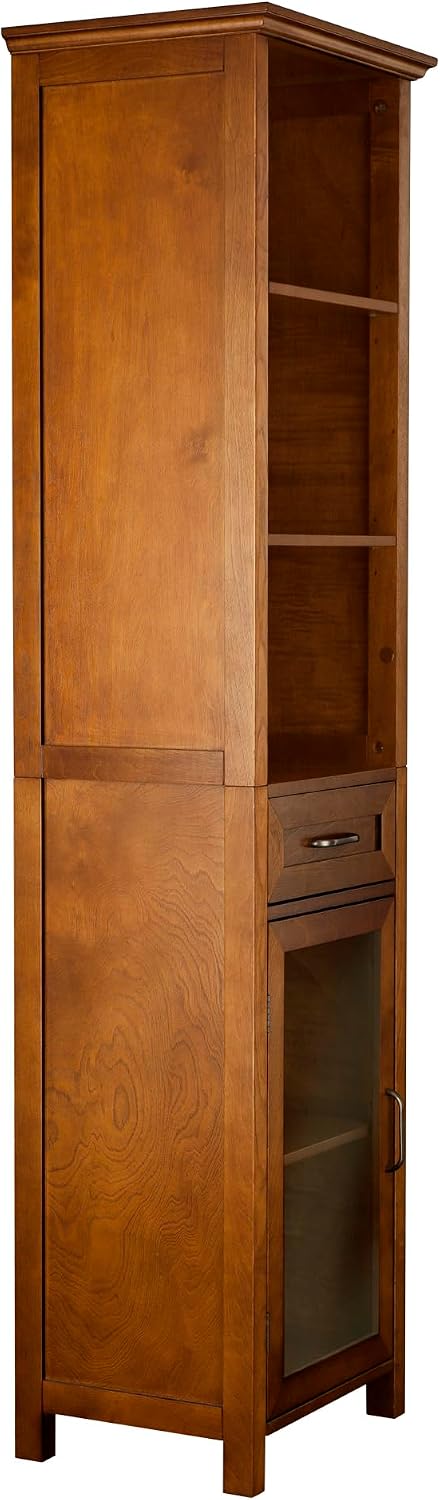 Teamson Home Avery Wooden Bathroom Linen Tower Cabinet with 1 Drawer 3 Adjustable Interior Shelves and 6 Storage Spaces, Oiled Oak