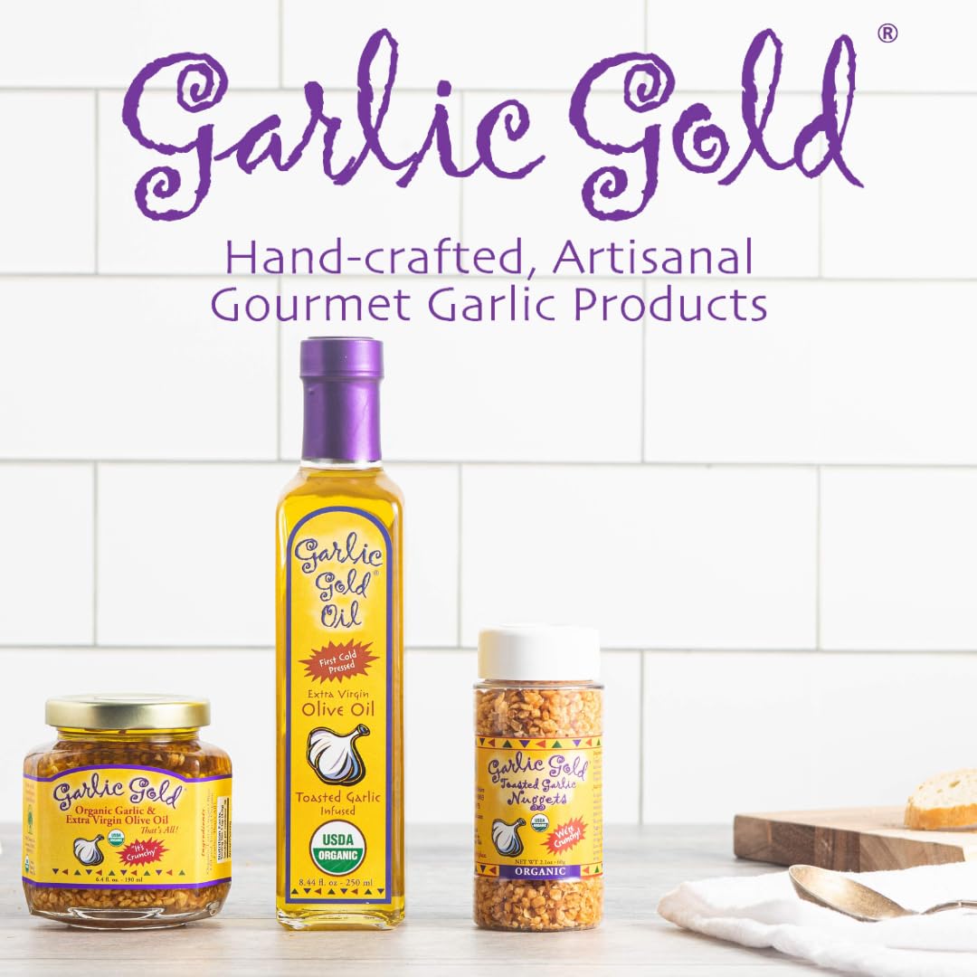 Garlic Gold Extra Virgin Olive Oil Infused with Garlic, Premium Certified USDA Organic, Low FODMAP, Cold Pressed (250 mL, 6 Pack) | 8.44 Fl Oz - 250 ml (6 Pack), First Cold Pressed, Hand Crafted, Artisanal, USDA Organic, Low FODMAP, Gluten Free