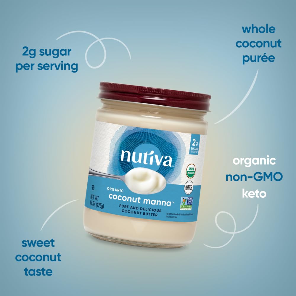 Nutiva Organic Coconut Manna Puréed Coconut Butter, 15 Oz, USDA Organic, Non-GMO, Vegan, Gluten-Free & Keto, Creamy Spread for Smoothies, Oatmeal