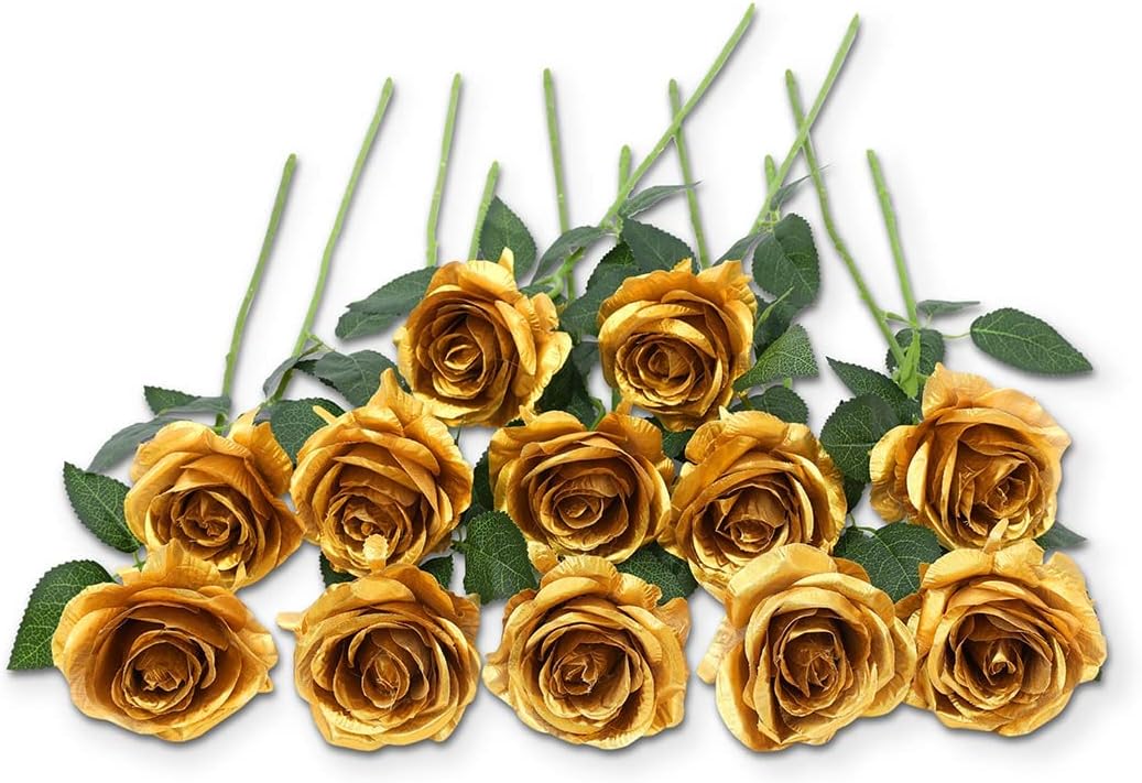 12 PCS Artificial Flowers Roses Silk Flowers Fake Long Stem Artificial Roses for Home Wedding Decorations (Yellow)