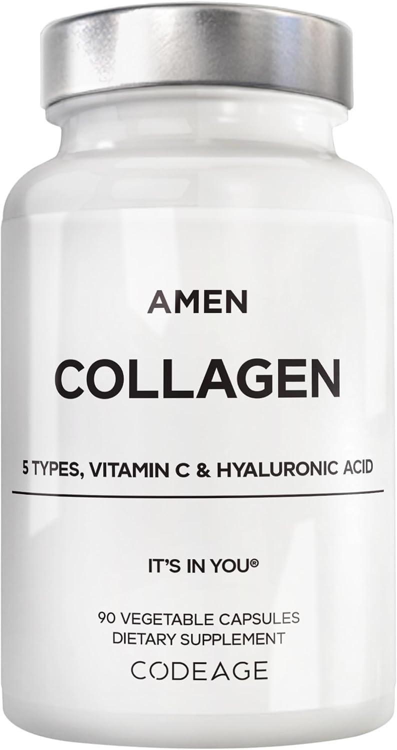 Amen Multi Collagen Peptides Supplement, Hyaluronic Acid, 90 Capsules | Hydrolyzed Type I, II, III, V & X. Bovine, fish, chicken