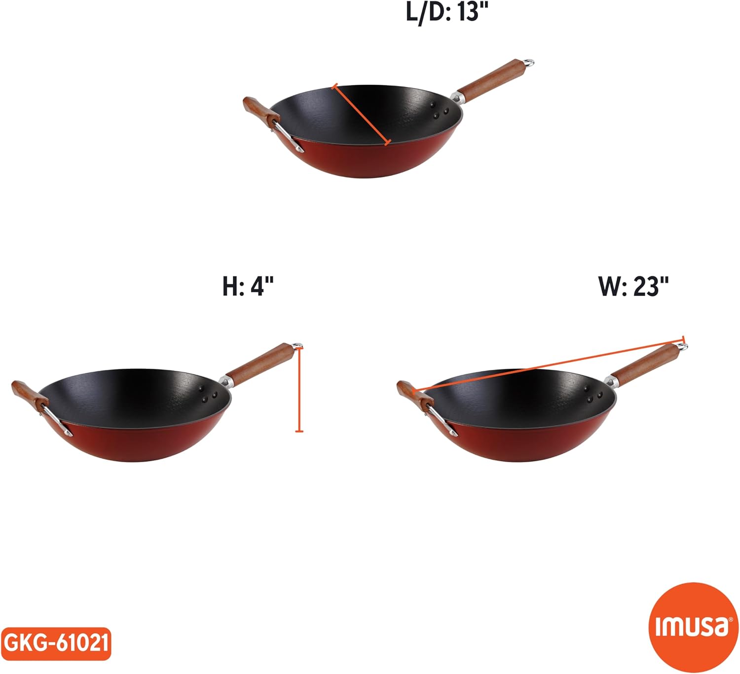 IMUSA USA GKG-61021 Light Cast Iron Wok, 14", Red Handles | Ideal for Stir-Frying and Deep Frying, Great for Everyday Cooking