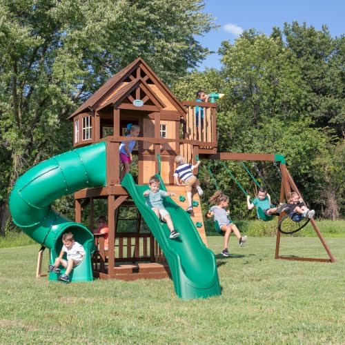 Backyard Discovery Skyfort All Cedar Swing Set, Elevated Covered Wood Roof Clubhouse with Bay Windows, 2 Belt Swings, Web Swing, 10ft Wave Slide