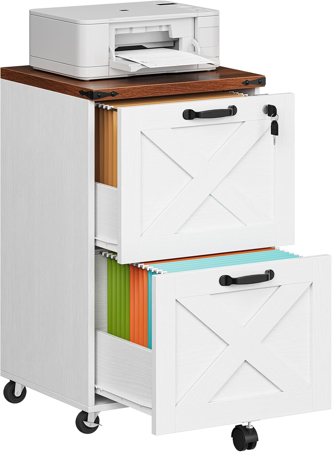 HOOBRO 3 Drawer File Cabinet with Lock, Mobile Filing Cabinet for Home Office, Wooden Farmhouse Office Storage Cabinet, Printer Stand Fits Letter and A4 Size, Walnut and White WH93WJ01G1