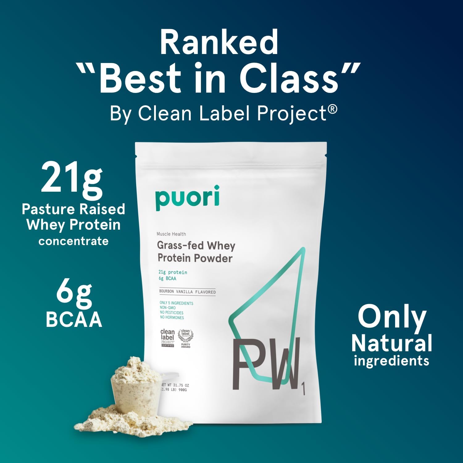 Puori PW1, Grass Fed Whey Protein Powder, Dark Chocolate, 30 Servings | Pasture-Raised Whey Protein Powder Drink Mix containing BCAA Amino Acids - Post-Workout Supplement for Muscle Gain & Recovery