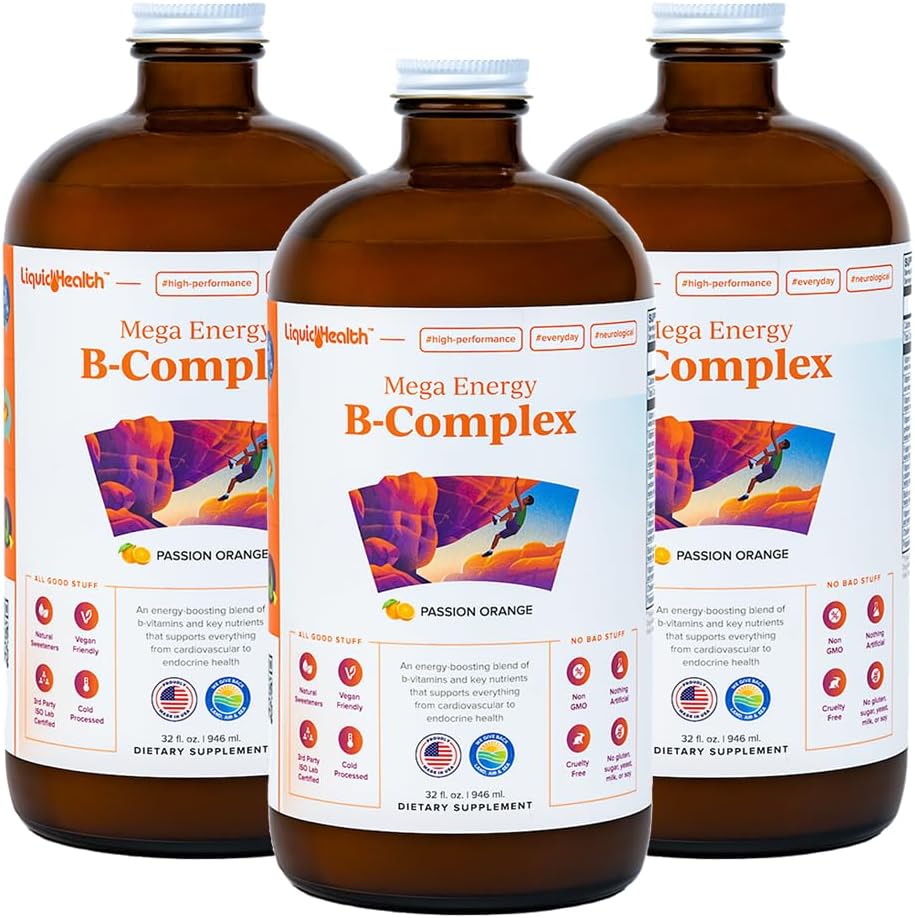 LIQUIDHEALTH Mega Energy Methylated B-Complex, Adult Liquid Vitamin Supplement - Increase Energy, Relieve Stress & Fatigue, Immune Support, Heart & Gut Health - Made in USA, Vegan, Sugar-Free (32 oz)