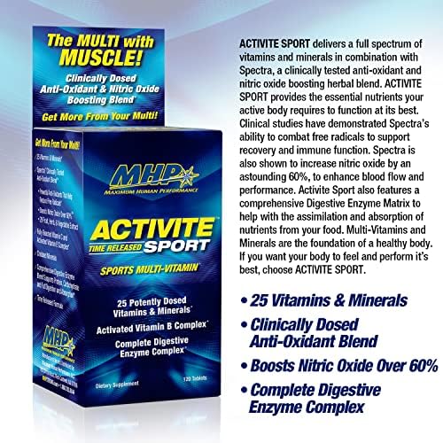 MHP Activite Sport Perfomance Multi Vitamin for Athletes, 120 Tablets | Sport Multivitamin with 25 Vitamins & Minerals,Spectra Antioxidant & Nitric Oxide Booster, Digestive Enzymes| 120 Tablets