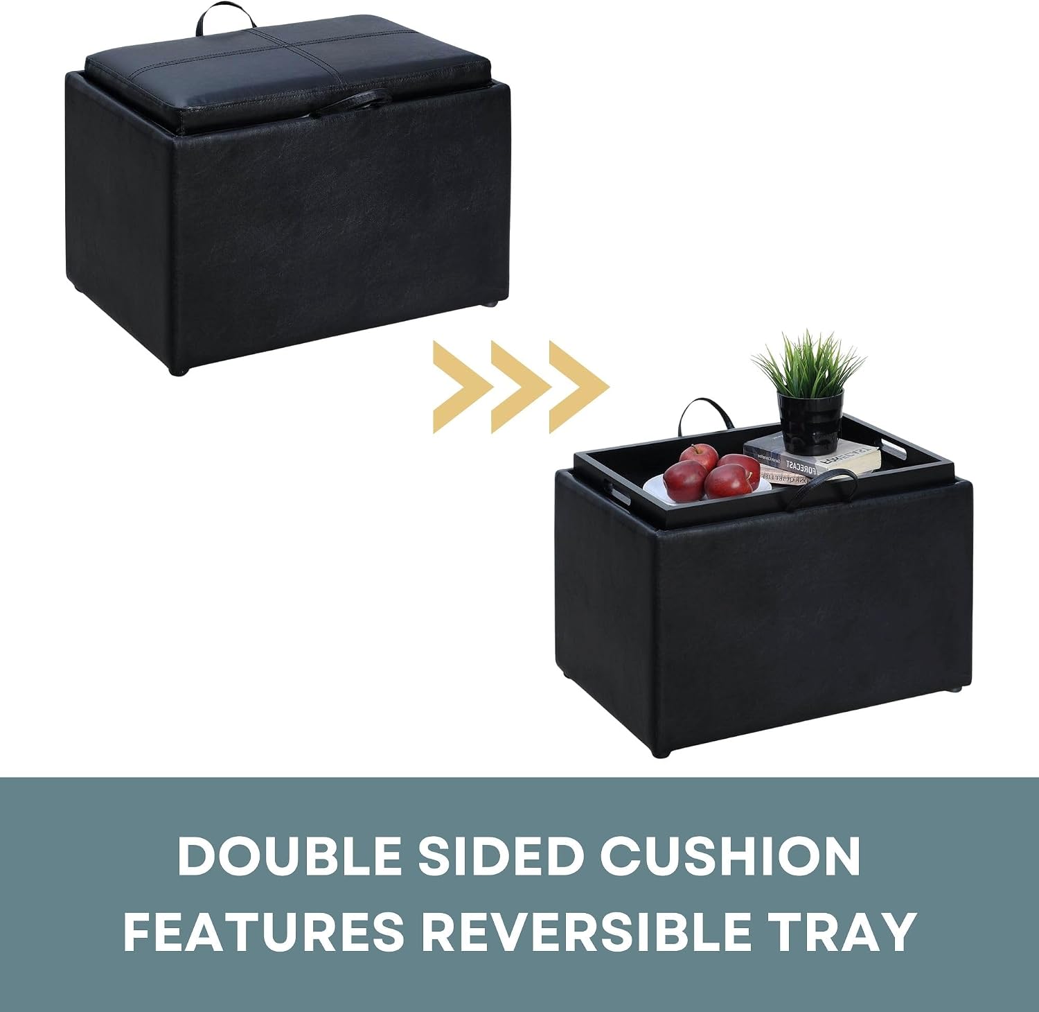Convenience Concepts Designs4Comfort Accent Storage Ottoman 22.75" - Modern Foot Stool with Decorative Tray for Living Room, Dining Room, Office, Blue Faux Leather