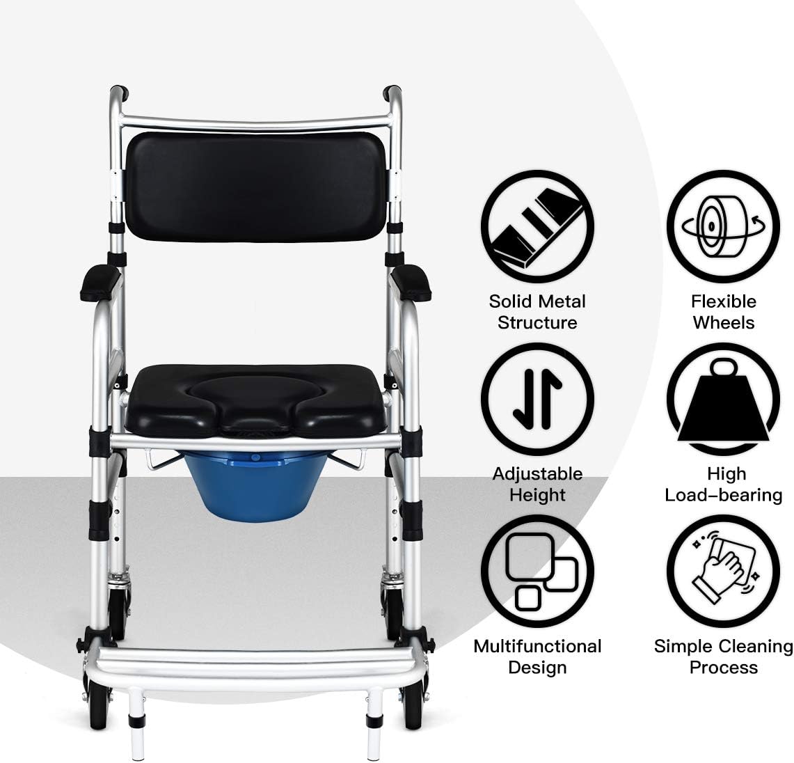 Giantex 3 in 1 Lightweight Shower Commode, Transport Bedside Commode with Wheels, Adjustable Height and Pedal, Shower Wheelchair for Elder