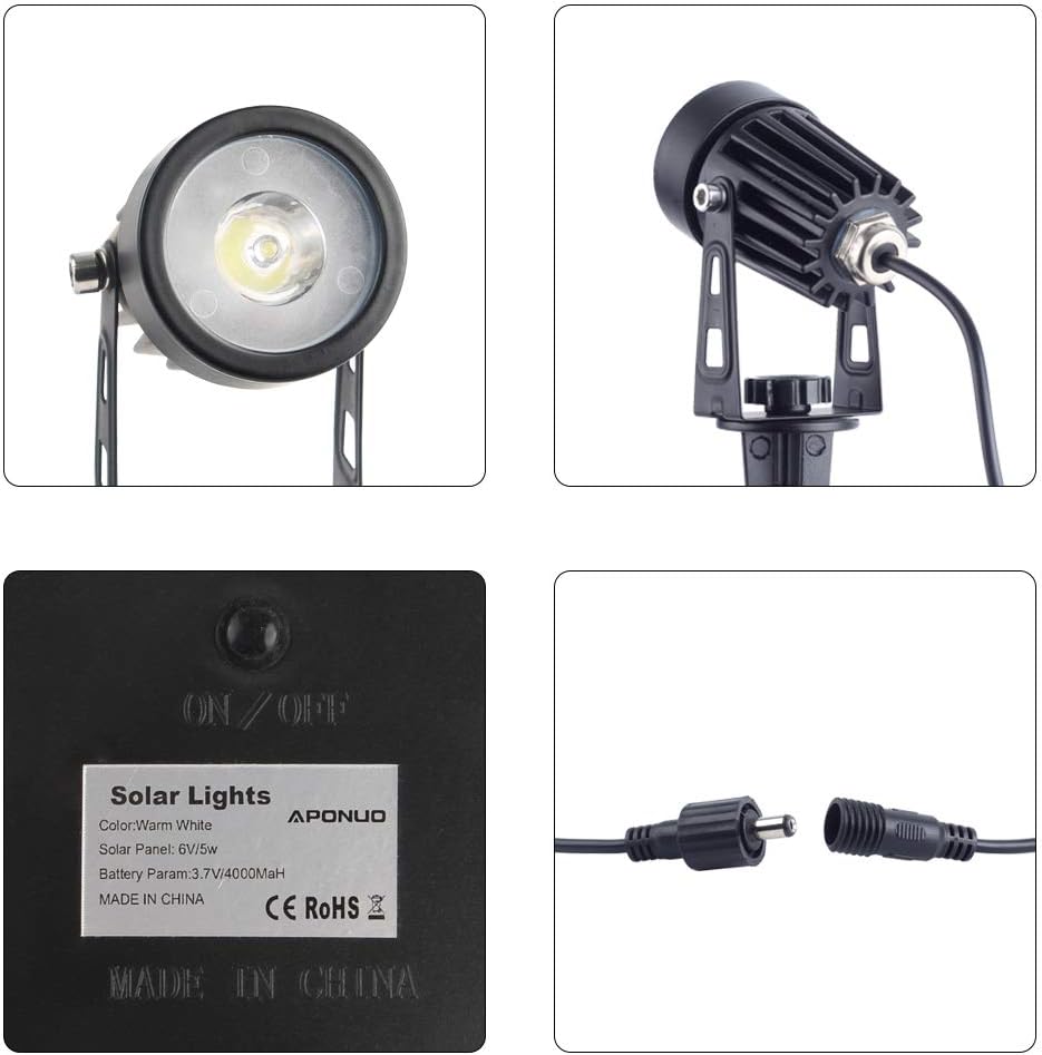 APONUO Metal Solar Spot Lights Outdoor with 9.8ft Cable Solar Powered Landscape Lighting Low Voltage IP65 Waterproof Auto On/Off for Outside Garden Yard Landscape Pathway Garage-Warm White(4-in-1)