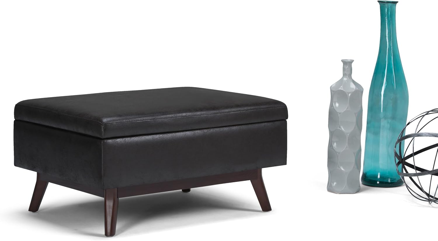 SIMPLIHOME Owen 34" Wide Vegan Leather Lift Top Ottoman in Dark Blue