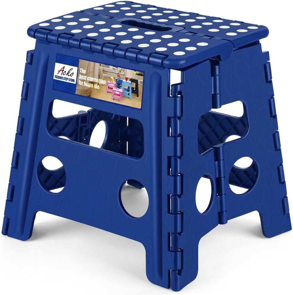 ACKO 13 Inch Folding Step Stool, Holds 300 lb for Adults and Kids, Black | Collapsible Heavy Duty Foldable Stools, Portable Non-Slip Foot Stepping stool, Kitchen Bathroom Bedroom Outdoor with Handle