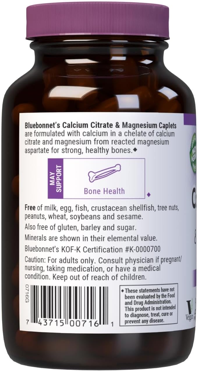 BlueBonnet Calcium Citrate Plus Magnesium Caplets, 90 Count | Bone Health; Non-GMO, Vegan, Kosher Certified, Gluten-Free, Soy-Free, Dairy-Free
