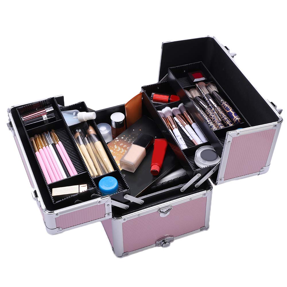 mefeir 3 in 1 Rolling Makeup Train Case, Aluminum Makeup Travel Organizer Cosmetic Case, Cosmetology Display Suitcase on Wheels, Beauty Storage Luggage Lockable w/4 Removable Wheels, Black